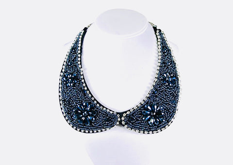Navy Blue Beaded Faux Collar Necklace