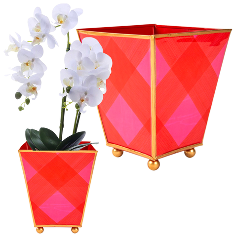 Charlotte Gingham 4” or 6” Enameled Cachepots with Gold Feet