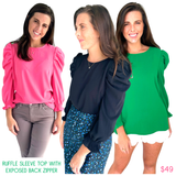 Flamingo Pink, Black or Holiday Green Ruffle Sleeve Top with Exposed Back Zipper