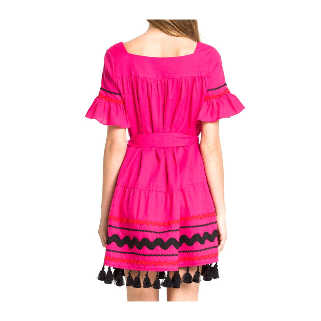 Magenta Bell Sleeve Belted Dress with Ric Rac Embroidery & Tassel Hem ...