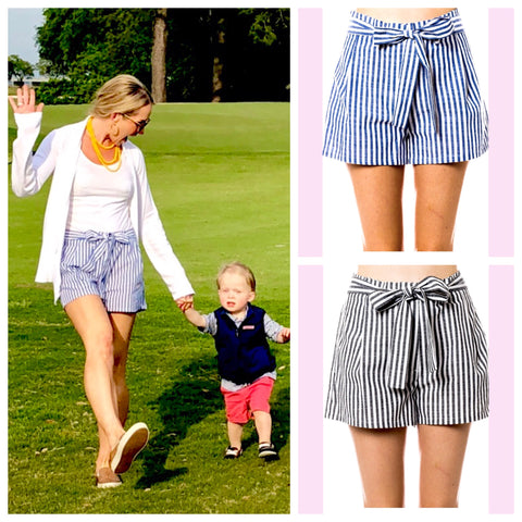 Blue OR Black Nautical Stripe Shorts with Belt Tie