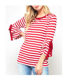Red White Stripe Layered Bell Sleeve Top with Sleeve Ties