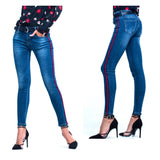Dark Wash Skinny Jeans with Red & Navy Embroidered Leg Stripe