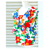White Blue Red Multi Floral Woven Frill Top with Open Back