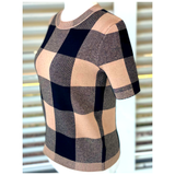 Caramel & Black Check Knit Short Sleeve Loyola Sweater