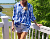 Blue White Buffalo Check Long OR 3/4 Sleeve Top with Lace Up Front & Slightly Frayed Hem