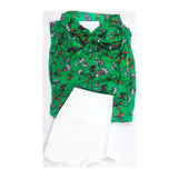 Light Emerald Green Button Down Floral Print Blouse with Self Tie Bow Tie