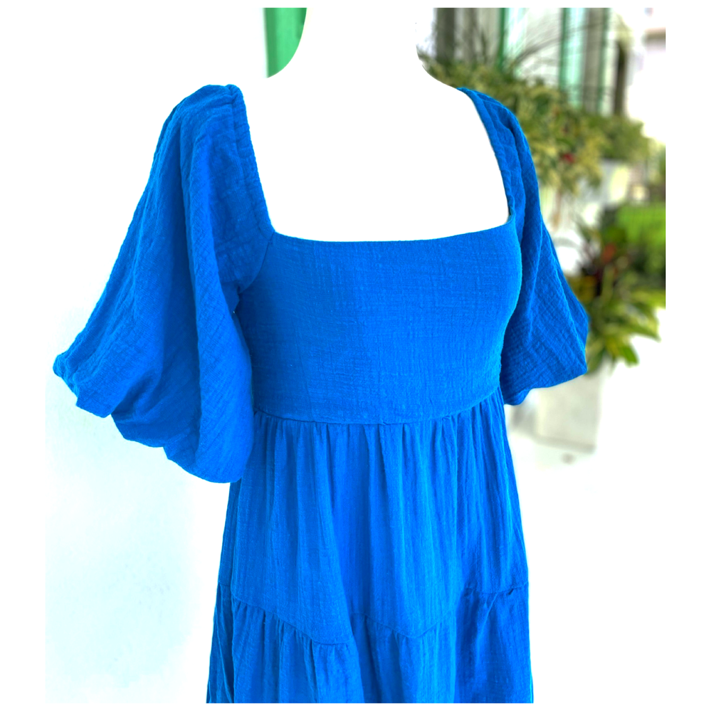 Caspian Blue Puff Sleeve Cotton Gauze Dress with BOW Back - James Ascher Caspian Blue Puff Sleeve Cotton Gauze Dress with BOW Back - James Ascher
