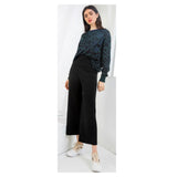 Black High Waisted Stretchy Knit Wide Leg Dressy Pants with Banded Elastic Waist