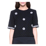 Black Textured 1/2 Sleeve Tweed Top with Fringe Embroidery & Metallic Fringe Sleeve Hem