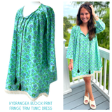 Hydrangea Block Print Fringe Trim Tunic Dress