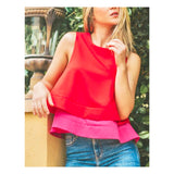 Red & Fuchsia Double Layer Circle Hem Swing Top with Open Slit & Button Back
