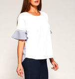 White Cotton Blue White Stripe Bell Sleeve Contrast Top