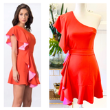 Deep Coral & Pink Contrast One Shoulder Cascading Ruffle Fit & Flare Dress