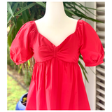 Azure Blue, RED or PINK Puff Sleeve Poplin Dress with Smocked Back