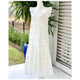White Embroidered Ruffle Sleeve Tiered Hem Dress with Pockets