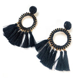 Black Circle Beaded Tassel Earrings