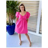 Azure Blue, RED or PINK Puff Sleeve Poplin Dress with Smocked Back