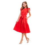 Red Flutter Sleeve Button Down Midi Dress with Tiered Ruffle Hem, Pockets & Optional Belt Sash
