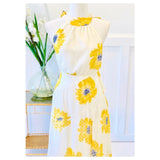 White Sunflower Print Swiss Dot Chiffon Hi-Lo Dress with Crisscross Flutter Back