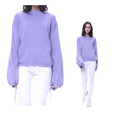 Lilac Pleated Balloon Sleeve Sweater with Adjustable Drawstring Sleeves
