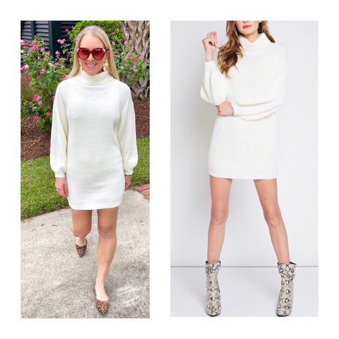 Winter White Cowl Neck Sweater Dress or Tunic with Pleated Balloon Sleeves