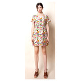 Cream & Multicolor Abstract Print Faux Wrap Dress with Elastic Waist & Ruffle Sleeves