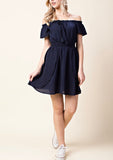 Navy Blue Off the Shoulder Tassel Tie Dress with Elastic Waist - FINAL SALE -