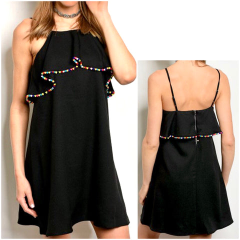 Black Halter Dress with Ruffle Bust & Micro Pom Pom Embroidery