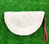 Ivory Straw Half Moon Clutch with Detachable Wrist Strap