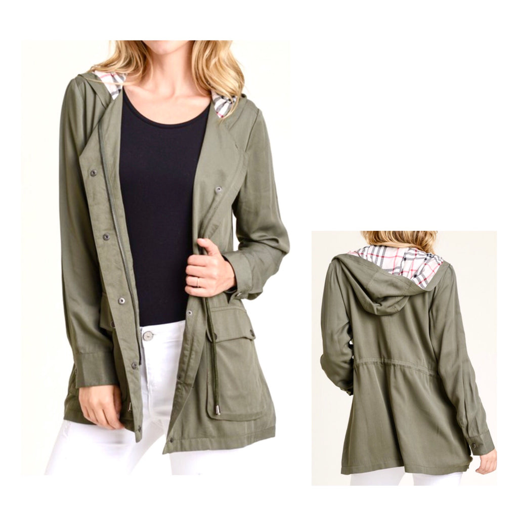 Olive Green Burberry-esque Utility Hooded Jacket with Plaid Lining