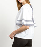 White Bell Sleeve Top with Blue and White Ribbon Trim and Keyhole Back