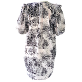Ivory & Black Linen Blend Chinoiserie Ruffle Trim Puff Sleeve Balkan Islands Dress