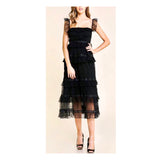 Black Flutter Sleeve Tiered Chiffon Midi Dress with Banded Waist