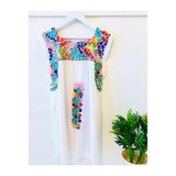 White Multi Embroidered Textile Sleeveless Shift Dress with POCKETS