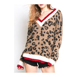 Leopard Brushed Knit Sweater with Red White Varsity Stripe Contrast