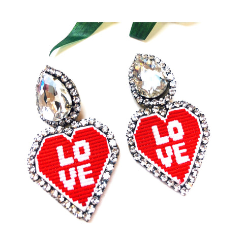 Handmade Crystal Rhinestone Teardrop & Red Needlepoint LOVE Earrings