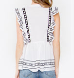 Black and White Sleeveless Frill Top with Tassel Tie