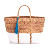 Woven Straw & White Natural Fiber Tote with Blue Tassel Tie