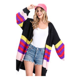 Black Pink Red Purple & Yellow Stripe Heavy Knit Bishop Sleeve Open Front Cardigan