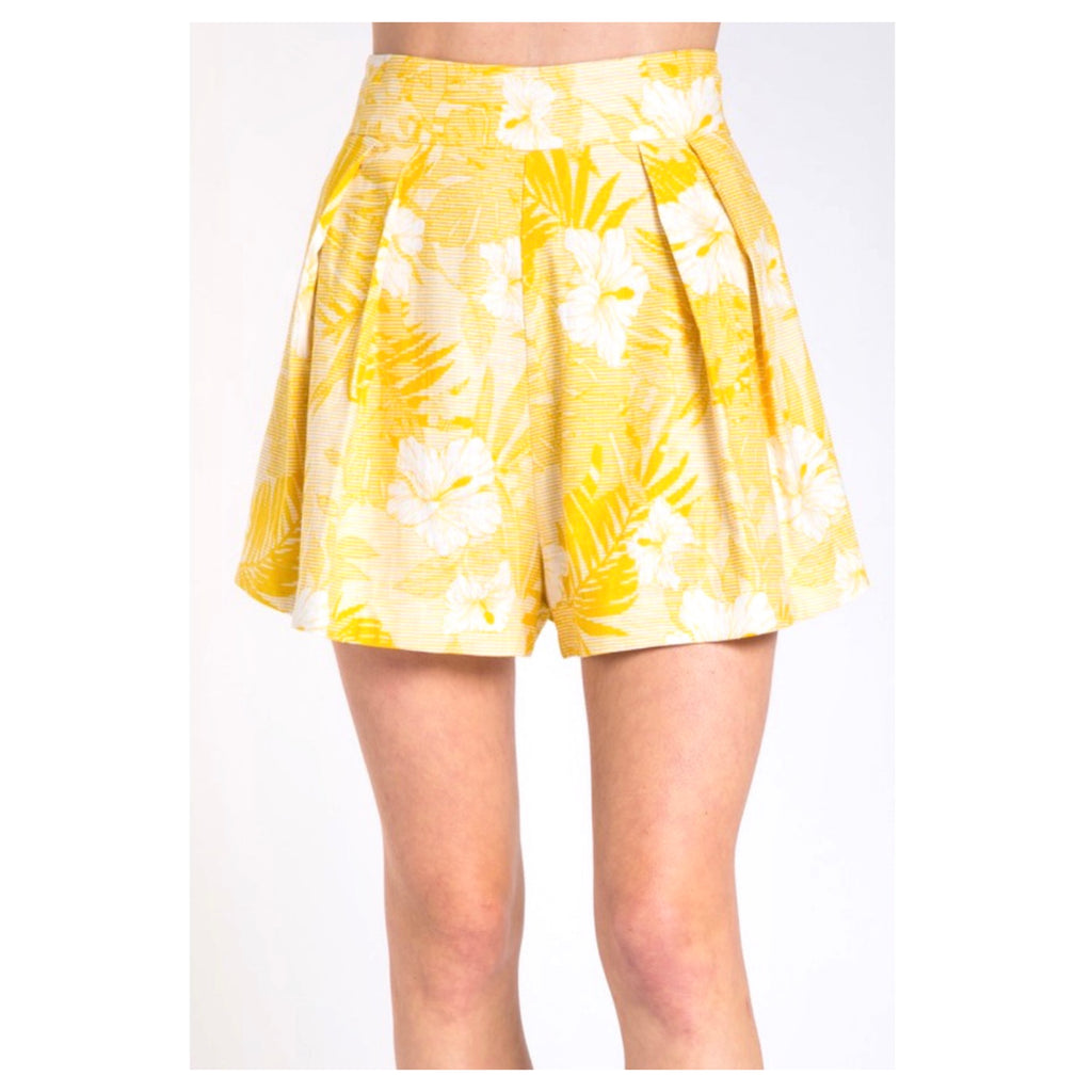 Bright Yellow High Waisted Floral Print Linen Blend Pleated Flare ...