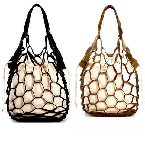 Textured PU Leather Net Handbag with Canvas Lining
