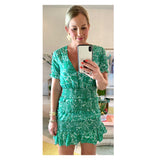 Green Floral Smocked Ruffle Hem Puff Sleeve Dress