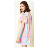 Pink Blue & Sherbet Tye Dye Puff Sleeve Dress with Shirred Ruffle Neckline