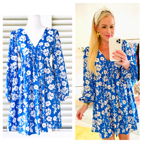 Grecian Blue & White Floral Print Long Puff Sleeve Dress with Smocked ...