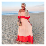 Peach & Coral Pleated Off the Shoulder Maxi Dress