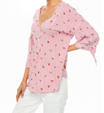 Red Stripe V-Neck Cherry Print Top with Tie Sleeves and V-Cut Back - FINAL SALE -