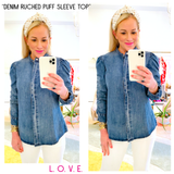 Denim Ruched Puff Sleeve Snap Front Top