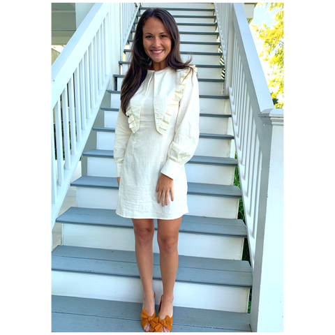 Ivory Corduroy Pleated Ruffle Lapel Gallia Dress with Keyhole Back