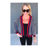 Black White Stripe Open Front Lightweight Cardigan with Red & Blue Banded Contrast